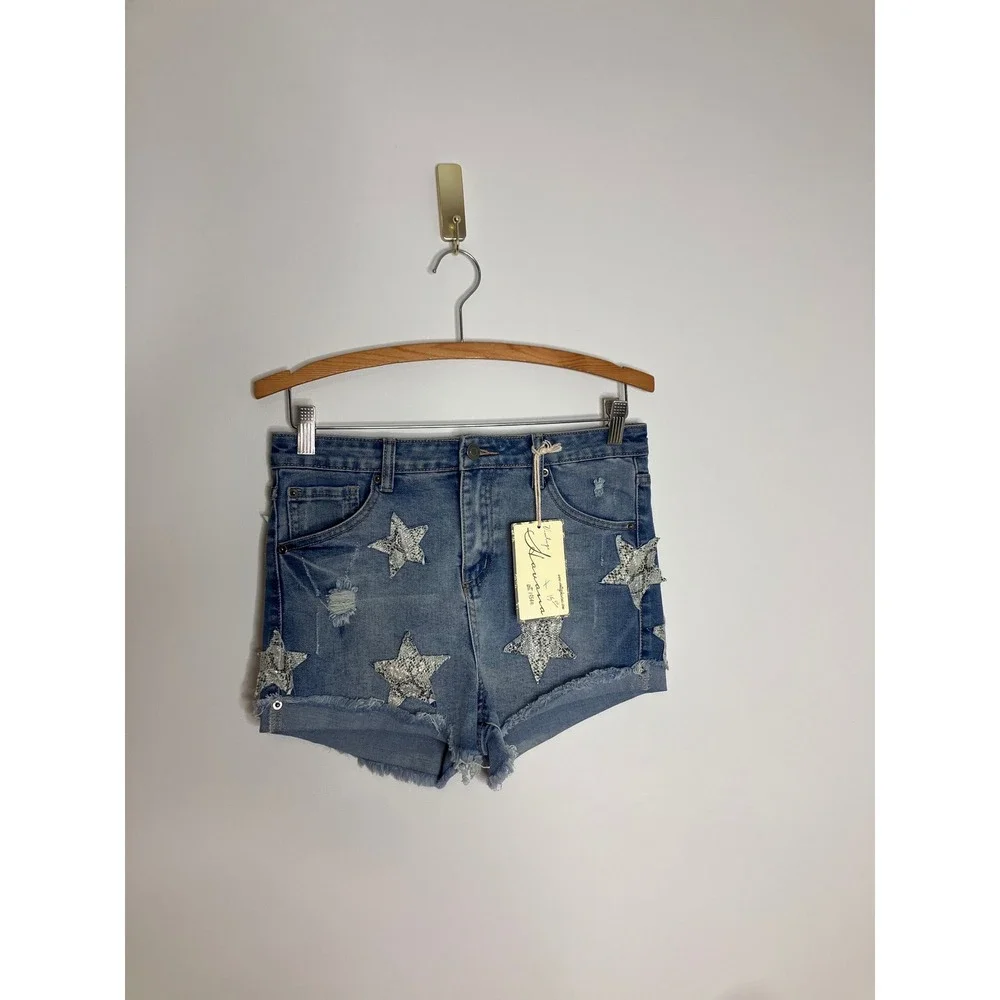 Vintage Havana Jean Shorts Womens 28 Blue NWT Star Applique Distressed Cut Off